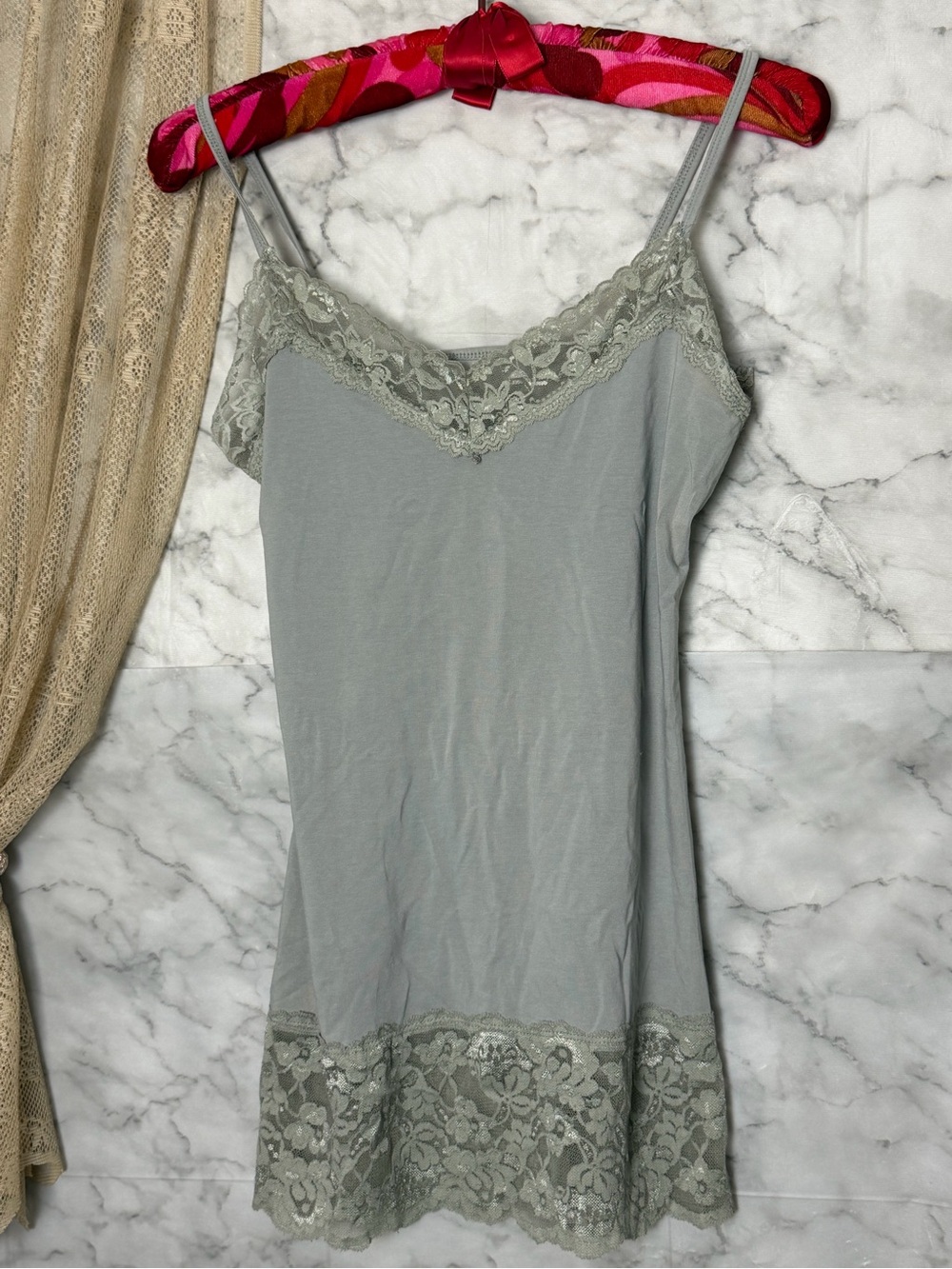 Sage Gray Longline Lace Floral Trim Camisole Tank Top Small Y2K Style Layering